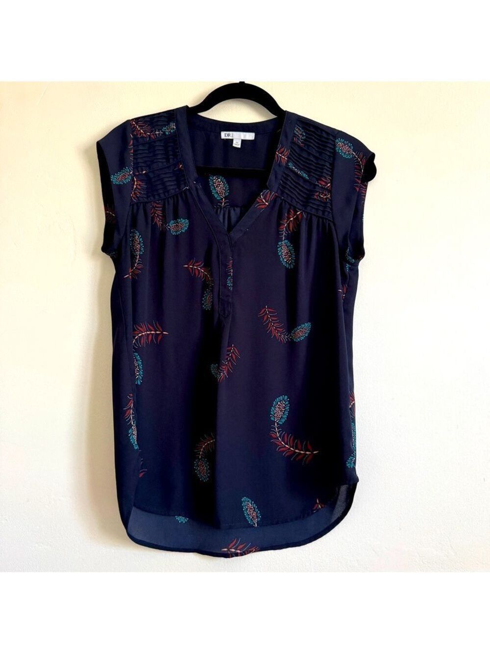 DR2 Blue and Red Relaxed Blouse with Mandarin Collar